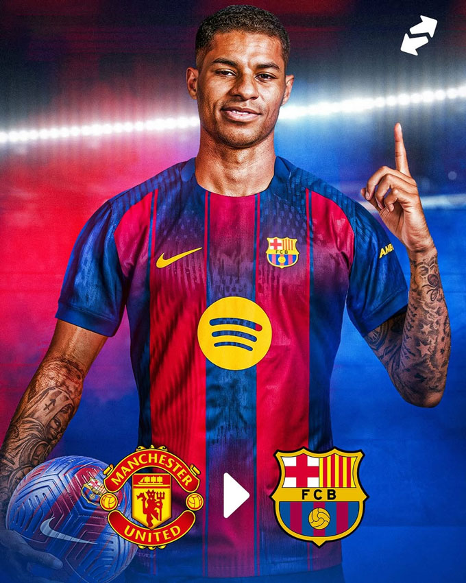 Rashford trong màu áo Barcelona, logo MU và Barca đối đầu.